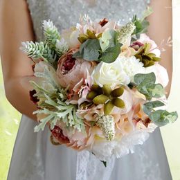 Wedding Flowers Tea Rose Bud Eucalyptus Bouquet Artificial Flower Bride Holding Fall Decor Fake Silk Home Decoration