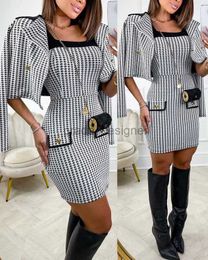 High quality Women's Two Piece Sets designer Elegant Bird Checker Printed Flip Collar Suit Coat+Contrast Panel Dress