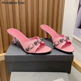 Slippers Metal Rivet Buckle Personalised Slippers Round Toe Stiletto Multi-Color High Heel Slippers Casual Fashion Summer Womens Shoes J240402