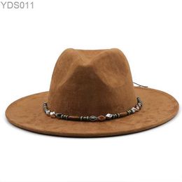 Wide Brim Hats Bucket Fashion Women Pork Pie Hat Dad Suede Flat Fedora Lady Gentleman Gambler Panama Trilby Band Size 58CM yq240403