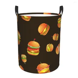 Laundry Bags Folding Basket Hamburger Pattern Round Storage Bin Large Hamper Collapsible Clothes Bucket Organiser