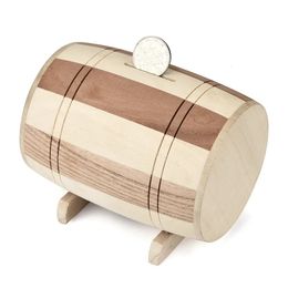 1PCS Wooden Money Box Piggy Bank Safe Money Box Savings Wine Barrel Wood Carving Handmade Piggy Bank Coins Storage Box 240401