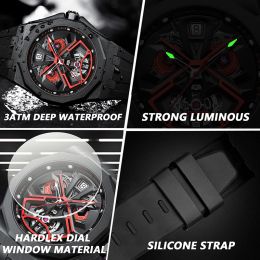 POEDAGAR New Hollow Dial Watches For Men Sport Brand Waterproof Silicone Strap Military Watch Man Luminous Calendar Quartz Clock