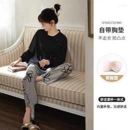 Home Clothing With Chest Pads Women's Pyjamas Set Spring And Fall Korean Fashion Apparel Elegant Simple Pullover Long-sleeved Sleepwear