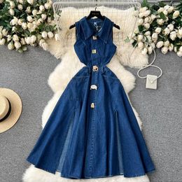 Casual Dresses Designer Denim Long Women Sleeveless Vestidos Single Breasted Turn-down Collar Holow Out Backless Split A-Line Dress