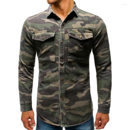 Men's Casual Shirts Tough Guy Style Army Green Camouflage Denim Shirt Long Sleeve Hombre Outdoor Climbing Jean Tops High Quality Cotton