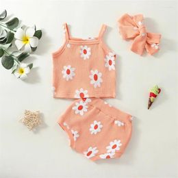 Clothing Sets Infant Baby Girl Outfits Sleeveless Flower Print Romper Tank Tops With Ruffle Shorts Born 3Pcs Clothes Set