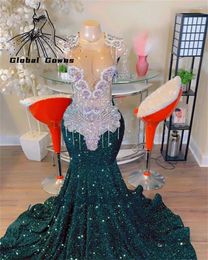 Party Dresses Real Picture Green Sheer O Neck Long Prom Dress For Black Girls Beaded Crystal Tassel Birthday Sequined Evening