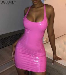 Sexy Pink Latex Dress Women Sleeveless Bodycon Mini Dress Summer Red Black Night Club Dresses 2105311420505