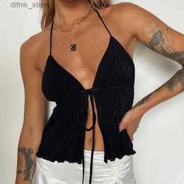 Women's Tanks Camis Tank Top Y2K Top Club Clothing New Strap Lace Tank Top Sexy Womens Backless Tank Top Summer Split Crop Top Cute Girl Tank Top 2023 New Y240403