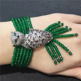 Bangles Handmade leopard micro inlay zircon clasp green stone multilayer tassel bracelet bracelet gift box packing
