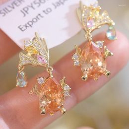 Stud Earrings French Light Luxury Heavy Industry Design Colour Zircon Inlaid Water Drop Fish Koi Exquisite High-End Pendant 2024