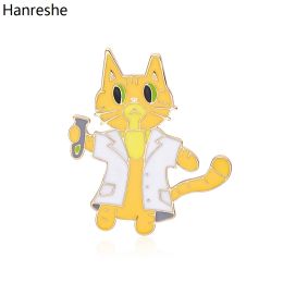 Hanreshe Cute Orange Cat Doctor Scientist Brooch Enamel Medical Chemistry Lapel Coat Badge Pins Science Jewellery Gift for Student