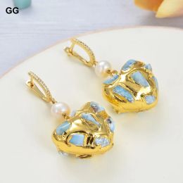 Earrings GuaiGuai Jewelry Natural Blue Larimars White Pearl Gold Color Plated HeartShaped Dangle Lever back Earrings Trendy For Women