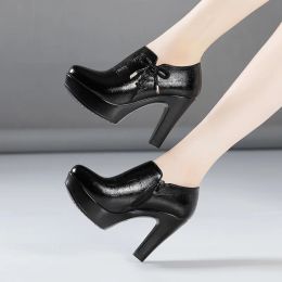 Pumps Small Size 3243 Quality Decent Soft Leather Shoes Women's Platform Pumps for Office Work 2023 Block High Heels Shoes with Fur