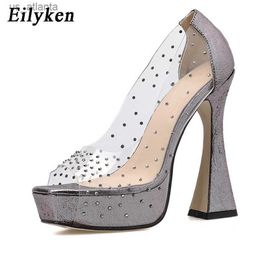 Dress Shoes New Design PVC Transparent Rhinestone Platform Women Pumps Fashion Peep Toes Cover High Heel Party Wedding Female H240403B1O3