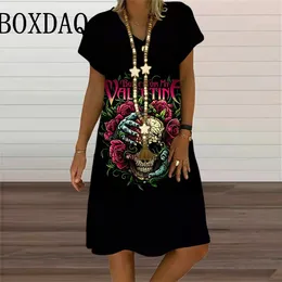 Casual Dresses Summer 3D Flower Print Dress For Women Terror Skull Oversize Loose V-Neck Short Sleeve Street Fashion Party Clothes