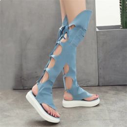 Sandals PXELENA Rome Hollow Out Summer Long Demim Boots Women Cross tied Thigh High Thong Gladiator Sandals Gothic Punk Platform Shoes