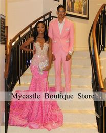 Party Dresses Sparkly Pink Sequins Mermaid Prom 2024 For Black Girl Silver Rhinestones Crystals Evening Dress Sheer Neck Gowns