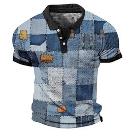 Mens Polo Shirt 3d Denim Plaid Print Shirt Short-Sleeved Retro Tops Clothing Oversized Casual Mens T-Shirt Summer Polo Shirt 240320