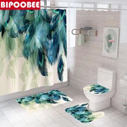 Shower Curtains Feathered Printed Green Leaves Bathroom Curtain With Hooks Toilet Lid Cover Bath Pedestal Mats Non-slip Rugs