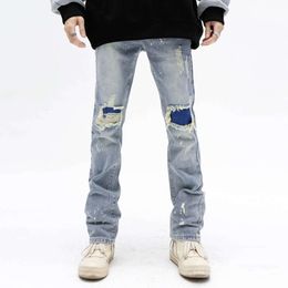 American Style Street Hole Patch Straight Cut Slim Fit Washed Jeans, Light Colored Beggar Casual Pants, Trendy Men's Brand