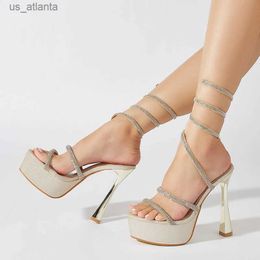 Dress Shoes Liyke Designer High Heels Platform Sandals Women Fashion Chic Crystal Rhinestone Ankle Snake Twine Around Wedding Party H240403JZUQ