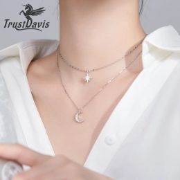 Necklaces TrustDavis Real 925 Sterling Silver Double Beads Chain Star Moon CZ Choker Necklace For Women Wedding Party S925 Jewellery DA1321