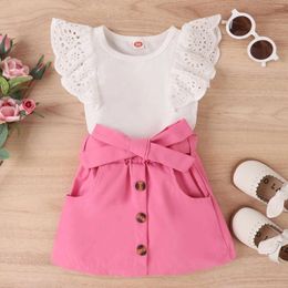 Clothing Sets 1 2 3 4 5 6Y Toddler Kids Girls Summer Clothes Sleeve Solid Ribbed Tops Bow Button Skirt 2PCS Suit Children