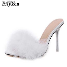 Dress Shoes Summer Sexy Pointed Toe Furry Slippers Ladies Sandals Fashion Design Clear Perspex Heels Women Mules Fluffy Slides H2404038B9E