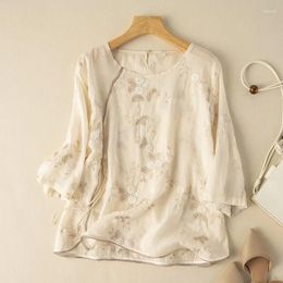 Women's Blouses YCMYUNYAN-Women's Chinese Style Summer Shirt Cotton Linen Vintage Embroidery Clothing Loose Short Sleeve Tops
