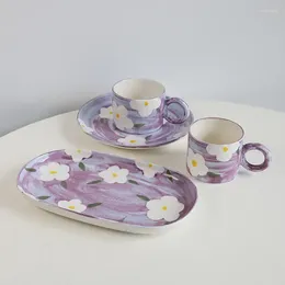 Mugs Korea Hand-painted Flower Ceramic Coffee Cup And Saucer Set Breakfast Milk Water Kawaii Mug