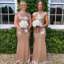 Gold Sequined Bridesmaid Dresses Low Cowl Back Sheath Mermaid Cap Sleeve Evening Prom Gowns Backless Wedding Guest Party Dress CPS344