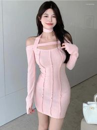 Casual Dresses Y2k Aesthetic Slim Waist Tunic Off Shoulder Vestidos Sweet Elegant Knitted Bottoming Fashion Ins Slash Neck Dress