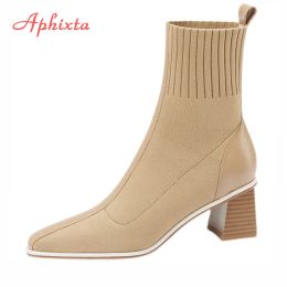 Boots Aphixta 2023 New 6.5cm Chunky Heel Beige Coffee Stretch Cotton Fabrics Sock Boots Women Stretch Kniting Pointed Toe Shoes