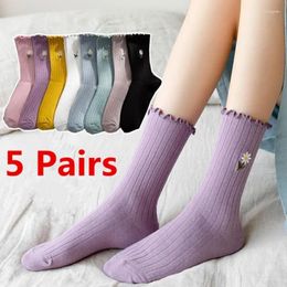 Women Socks 5 Pairs Women's Cute Ruffle Frilly Black White Pink Flower Embroidery Trendy Kawaii Solid Color Crew Cotton Floral