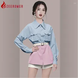 Women's Blouses 2024 Autumn Fashion Blue Pink Hit Colour Long Blouse Women Lapel Sleeve Single Breasted Patchwork Chic Loose Shirt Tops