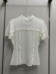 Women's T Shirts High-neck Translucent Knitted Short-sleeved Clothing Body Ruffled Embellishment Waist Line Design