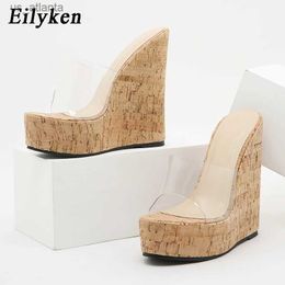 Dress Shoes Elegant Open Toe PVC Transparent Wood Grain Wedge Woman Slippers Fashion Ladies Outdoor Beach High Heel Slide H240403106Y