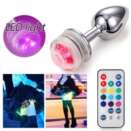 Toys Led Shining Light Anal Sex Toys for Women Ass Smooth Butt Plug Tail Metal Prostate Goods Remote Brighess Control Bdsm