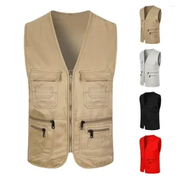 Men's Vests Solid Colour Sports Vest Cargo Waistcoat Men Summer With Multi Pockets V-neck Sleeveless