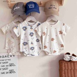 Rompers 2024 Summer New Baby Short Sleeve Bodysuit Boy Girl Newborn Thin Hollow Out Jumpsuit Cotton Infant Cartoon Print Clothes 0-24M L240402