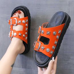 Slippers Summer slippers womens stud buckle decoration flat womens slippers sandals open toe beach womens slippers Zapatos De Mujer J240402