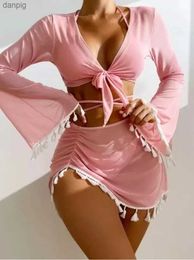 Women's Swimwear Women Sexy 4pcs Boho Bikinis Sets Cover Up Tops Skirts Beachwear Bathing Suit Holiday Party Beach Swimsuit Bather Y240402