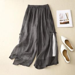 Women's Pants Limiguyue Comfortable Wide Legs Split Ramie Cotton Linen Versatile Casual Trousers Loose Button Up Summer E532