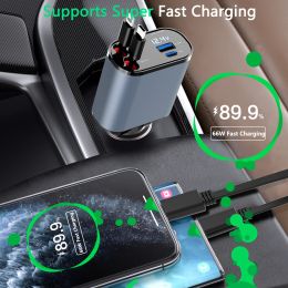 100W 4 IN 1 Retractable Car Charger USB Type C Cable For IPhone Samsung Fast Charge Cord Cigarette Lighter Adapter X4W3