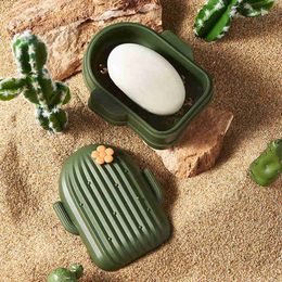 Soap Drainers Plastic Soap Holder Portable Container Cactus Shaped Box Case Soap Dish with Cover for Bathroom Shower Home Travel