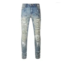 Men's Jeans Streetwear Fashion Distressed Silm Fit Light Blue Damaged Holes Dye Patchwork Ripped Stretch Graffiti Pants