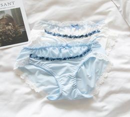 Women039s Panties Lovely Young Girl Lace Trim Bow Milk Silk Student Underwear White Blue Small Fresh Female Midrised Briefs8511980