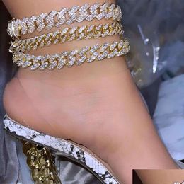 Anklets Flatfoosie Hip Hop Iced Out Chunky Cuban Chain For Women Rhinestone Link Ankle Bracelet Beach Jewelry Drop Delivery Dhckg